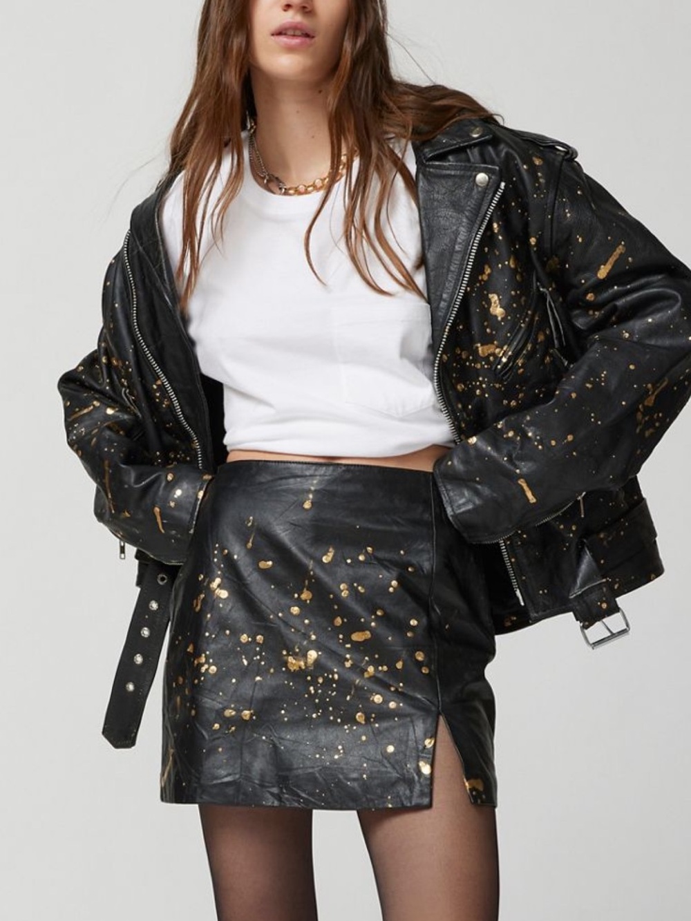 Urban Outfitters Black Real Leather Mini Skirt with Gold Splatter
